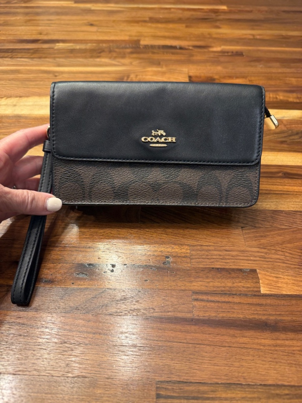 Coach Black and Brown Signature Leather Wristlet